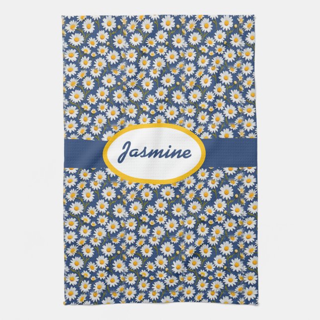 Paño De Cocina Daisies blancos en inglés sobre azul (Vertical)