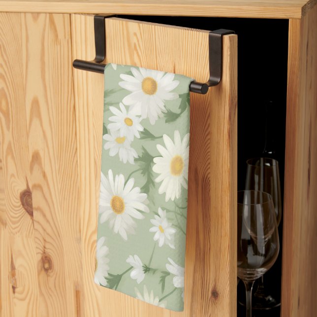 Paño De Cocina Daisies Blancos Sobre El Verde Masaje (Pliegue de tercios)