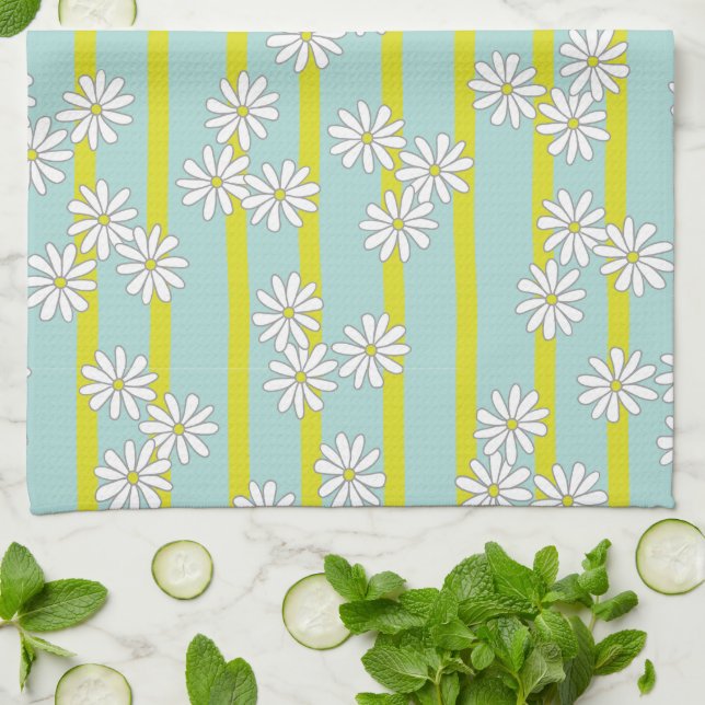 Paño De Cocina Daisies blancos y franjas amarillas en verde Verde (Doblado)