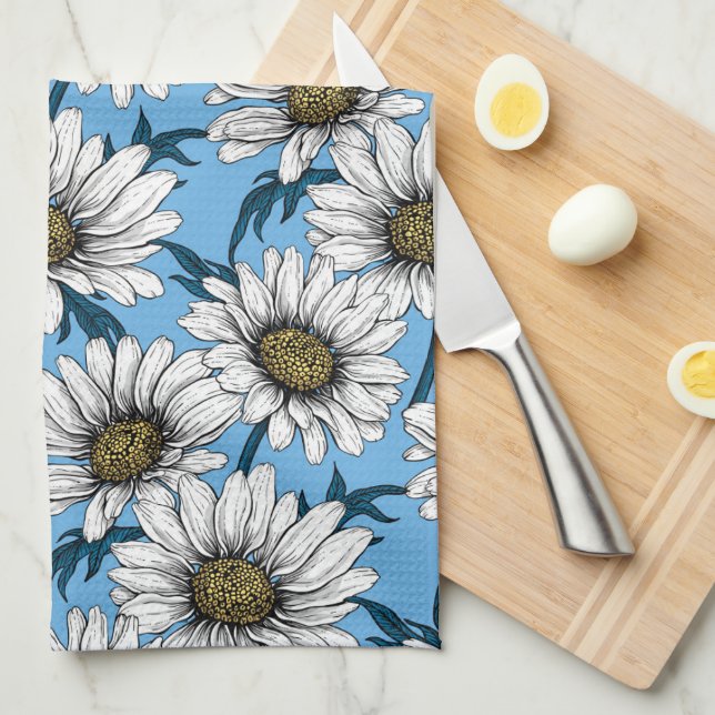 Paño De Cocina Daisies, flores silvestres en azul (Doblado Cuarto)