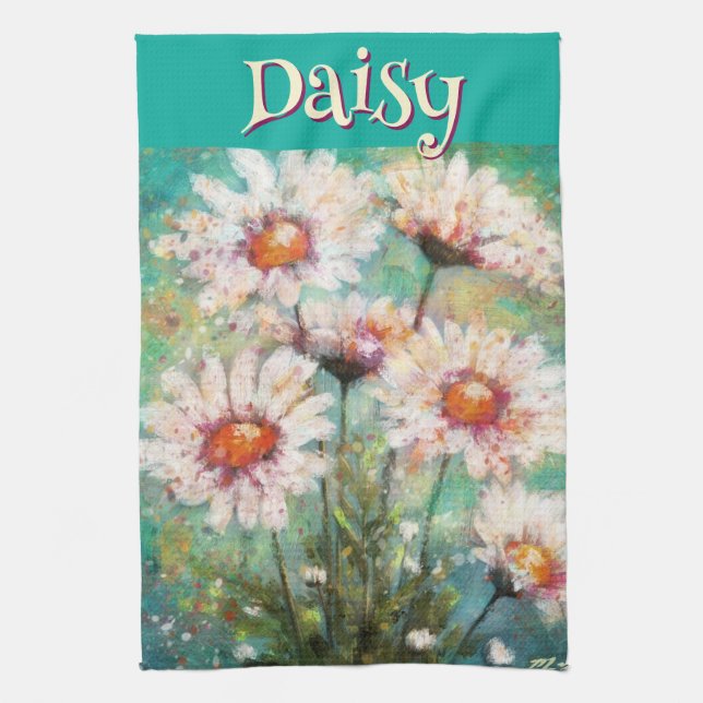 Paño De Cocina Daisies Impressionistic Floral Teal Personalized (Vertical)
