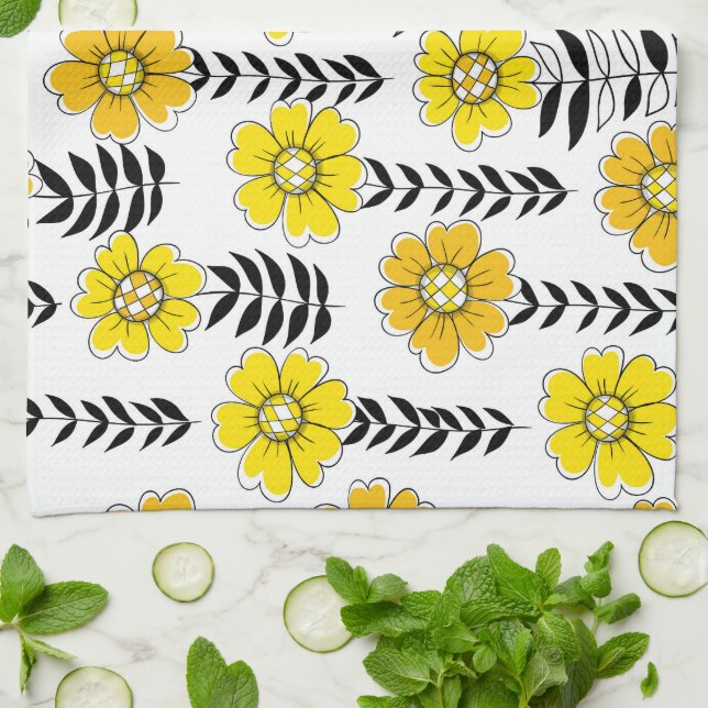 Paño De Cocina Daisy doodles en amarillo y negro (Doblado)