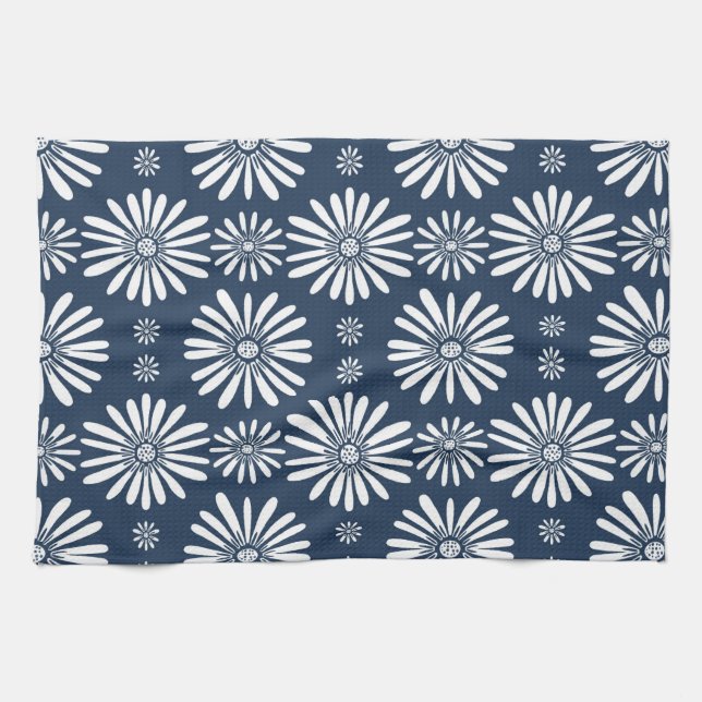 Paño De Cocina Daisy FLoral Patrón azul Blanco (Horizontal)