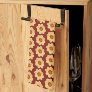 Paño De Cocina Dalia Amarilla Patrón Floral sobre Rojo Ladrillo