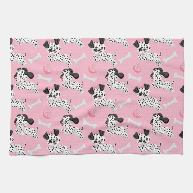 Paño De Cocina Dálmatas cachorros Black Spots Pink Toy Ball White (Horizontal)