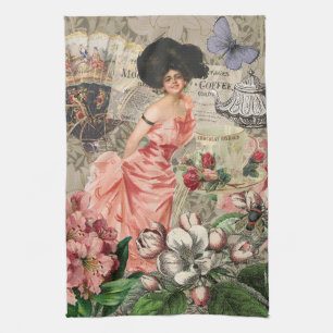 Paño De Cocina Dama de Café Mujer Victoriana Rosa Vestido Rico
