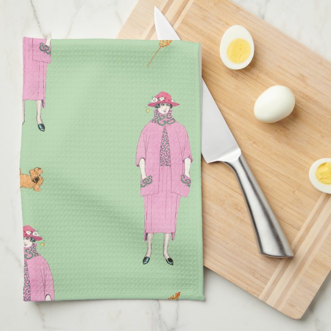 Paño De Cocina Dama de Ilustracion de moda y perro pekingés de lo (Doblado Cuarto)