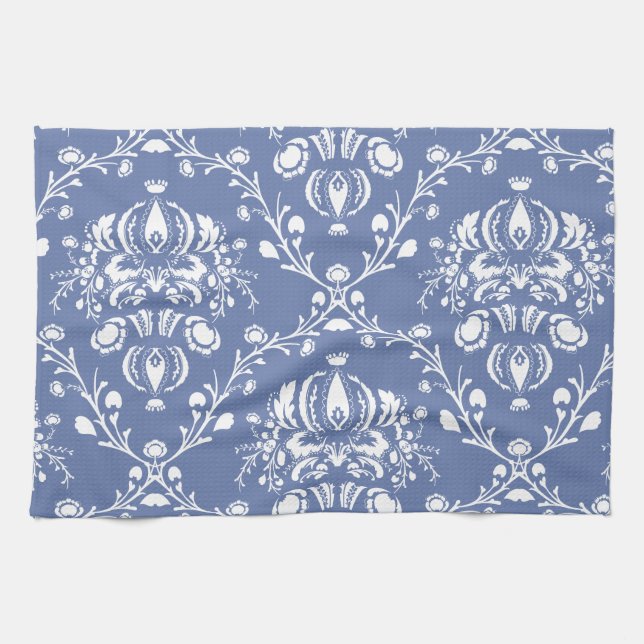 Paño De Cocina Damasco blanco y azul de guijarros (Horizontal)