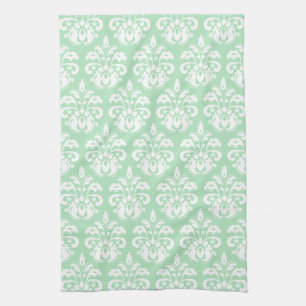 Paño De Cocina Damasco blanco y verde de menta