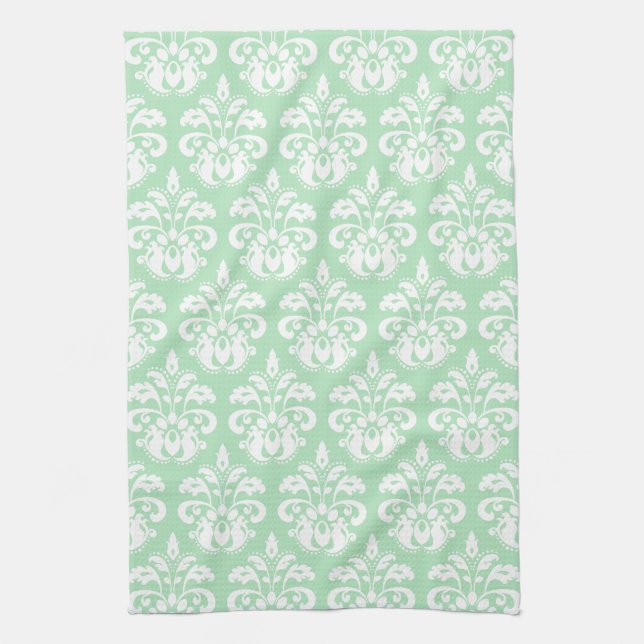 Paño De Cocina Damasco blanco y verde de menta (Vertical)