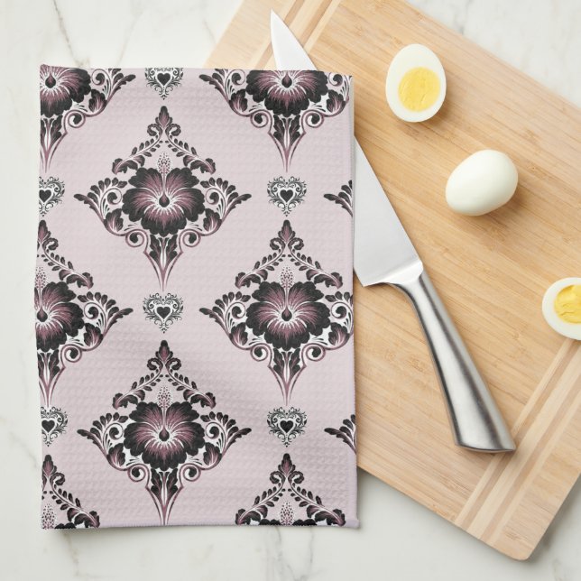 Paño De Cocina Damasco de lavanda floral elegante y moderna (Doblado Cuarto)