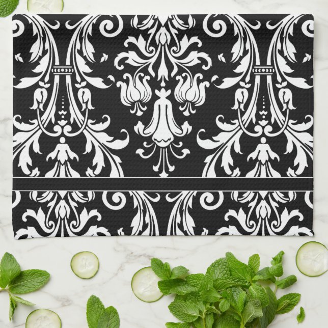 Paño De Cocina Damasco floral monograma blanco negro (Doblado)