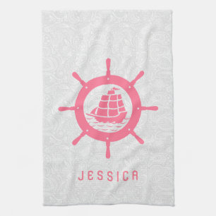 Paño De Cocina Damascos de paisley blanco y rueda náutica rosa