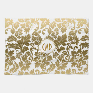 Paño De Cocina Damascos florales de tonos dorados monogramados