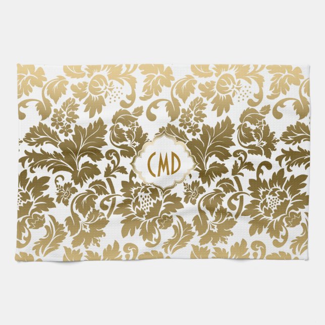Paño De Cocina Damascos florales de tonos dorados monogramados (Horizontal)