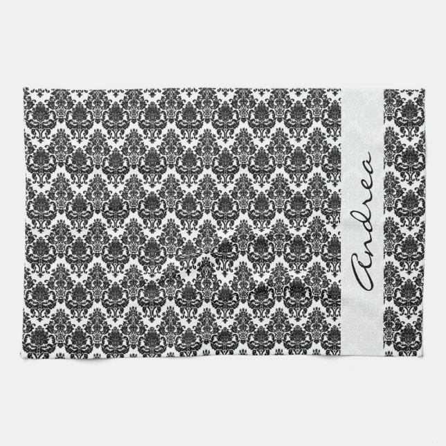 Paño De Cocina Damask Pattern, Black and White Damask, Your Name (Horizontal)