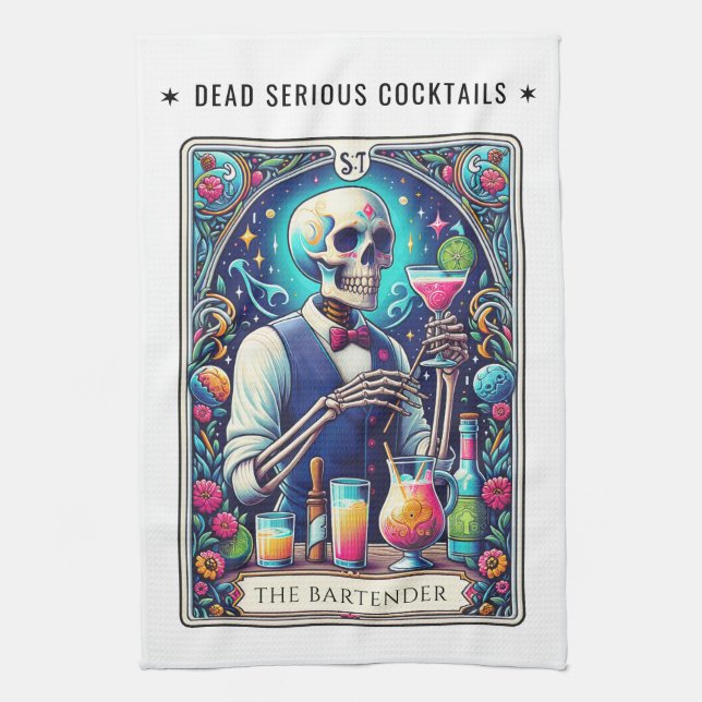 Paño De Cocina Dead Serious Cocktails Tarot Bartender Skeleton (Vertical)