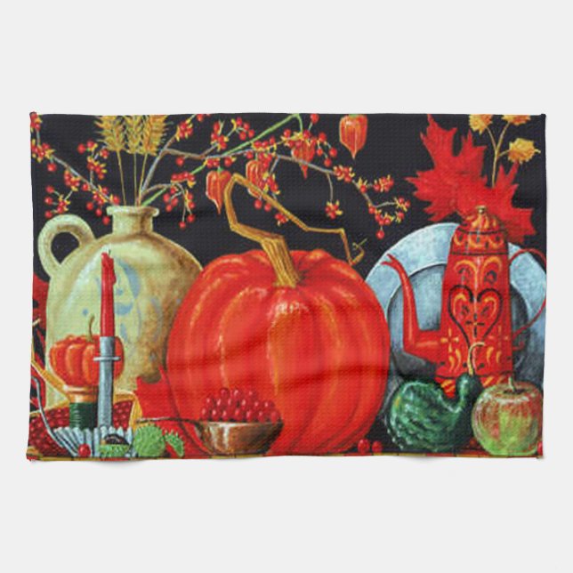 Paño De Cocina Decoración de calabaza de pintura antigua de otoño (Horizontal)
