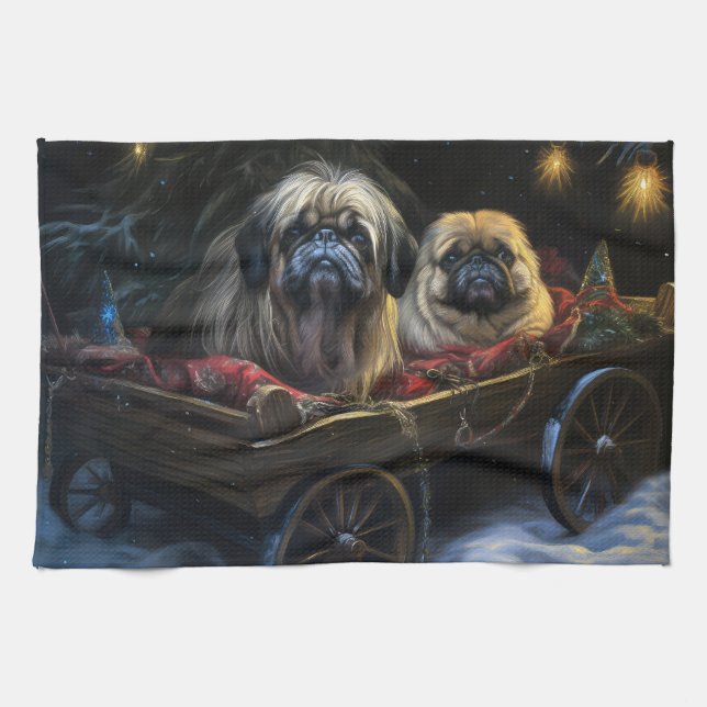 Paño De Cocina Decoración de los Navidades Pekingeses Snowy Sleig (Horizontal)