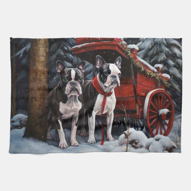 Paño De Cocina Decoración de Navidades de Boston Terrier Snowy Sl (Horizontal)