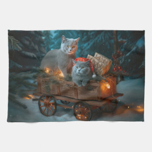 Paño De Cocina Decoración de Navidades de Sleigh de gato azul rus