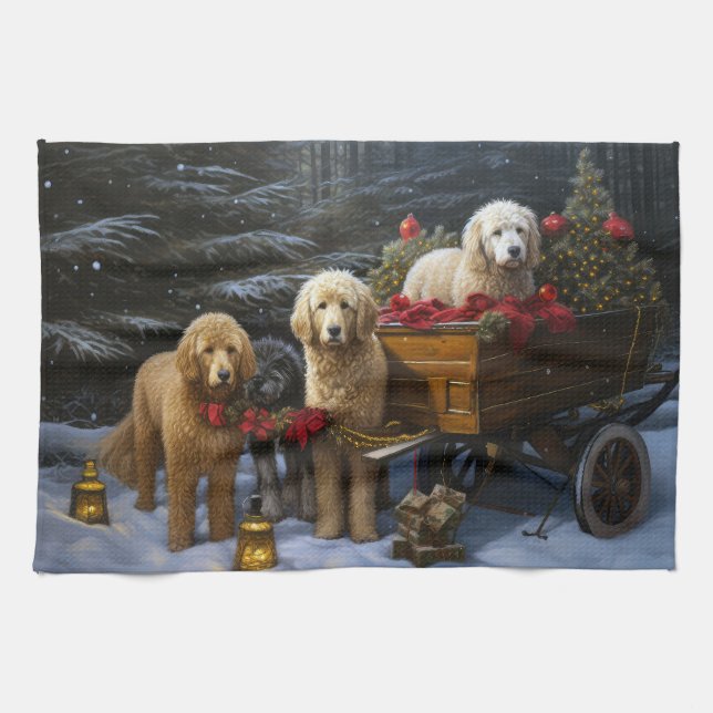 Paño De Cocina Decoración de Navidades Goldendoodle Snowy Sleigh (Horizontal)