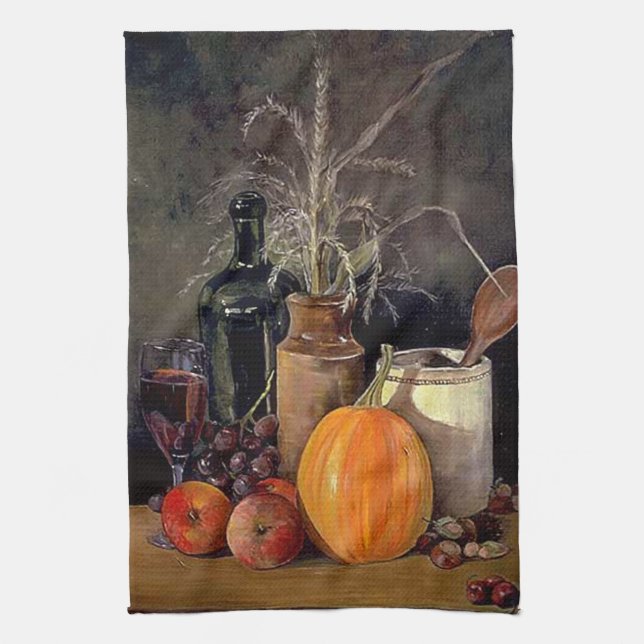 Paño De Cocina Decoraciones otoñales en mesa, calabaza, fruta, be (Vertical)
