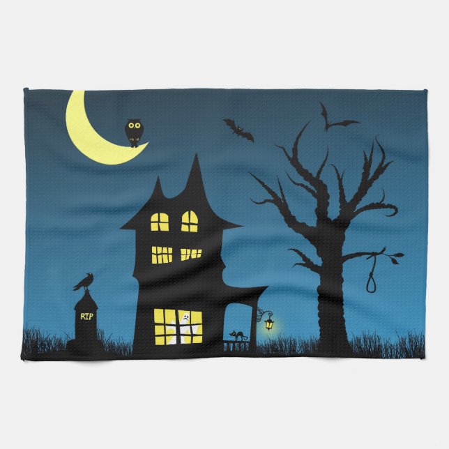 Paño De Cocina Decorativo de Halloween en casa embrujada con fant (Horizontal)