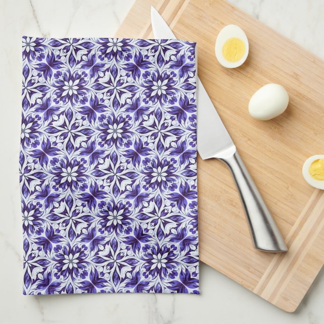 Paño De Cocina Deep Purple, Purple, Periwinkle & White Damask  (Doblado Cuarto)