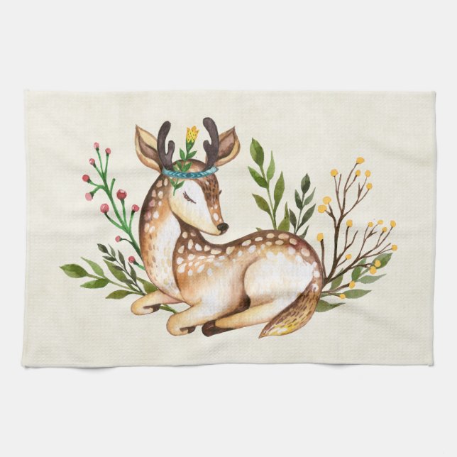 Paño De Cocina Deer acuarela de bonito que baja el Boho (Horizontal)