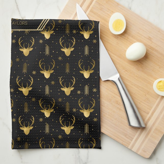 Paño De Cocina Deer Antlers Flechas Navidades Patrón de oro ID861 (Doblado Cuarto)