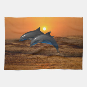 Paño De Cocina Delfín de Bottlenose en la puesta del sol