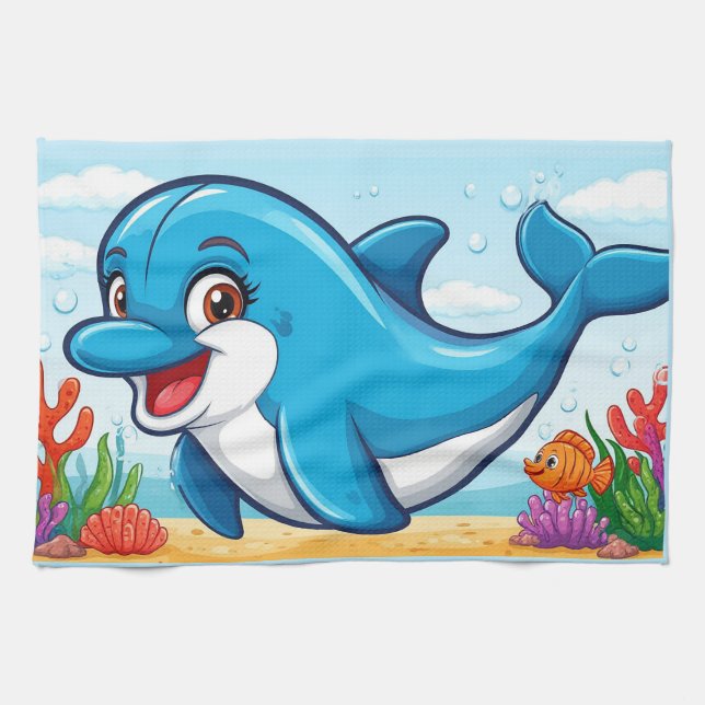 Paño De Cocina Delfín de dibujos animados sonriente nadando  (Horizontal)