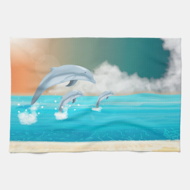 Paño De Cocina delfines respirando en el océano (Horizontal)
