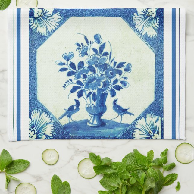 Paño De Cocina Delft Blue Birds floral French Country Elegance  (Doblado)