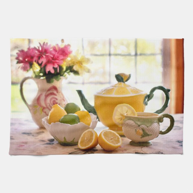 Paño De Cocina Deliciosa Fiesta De Té Flores Rosa Y Bebida De Lim (Horizontal)