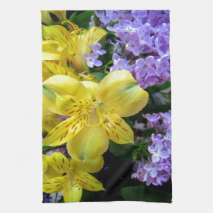 Paño De Cocina Deportes amarillos y flores moradas de lino