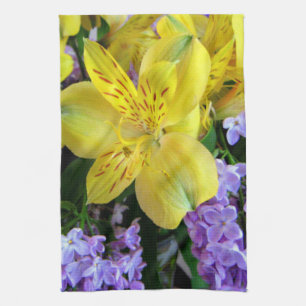 Paño De Cocina Deportes amarillos y flores moradas de lino