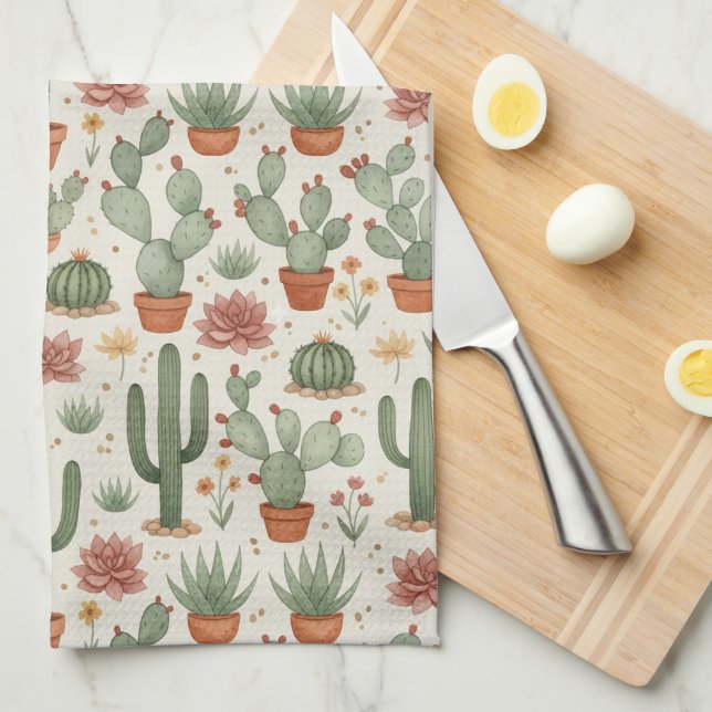 Paño De Cocina Desert Cacti Succulent Seamless Pattern (Doblado Cuarto)