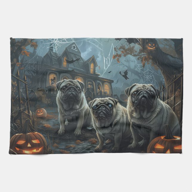 Paño De Cocina Deslumbramiento de la noche de Pug Halloween (Horizontal)