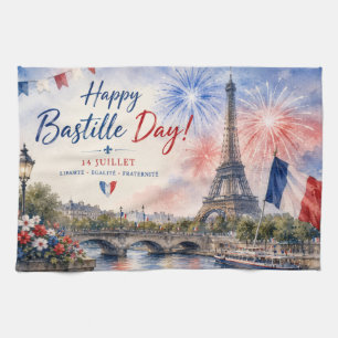Paño De Cocina Día de la Bastilla Torre Eiffel Río Sena fuegos ar