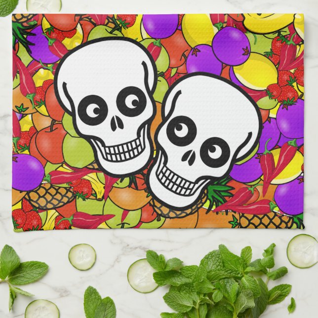 Paño De Cocina Dia De Los Muertos - Pareja feliz con fruta (Doblado)