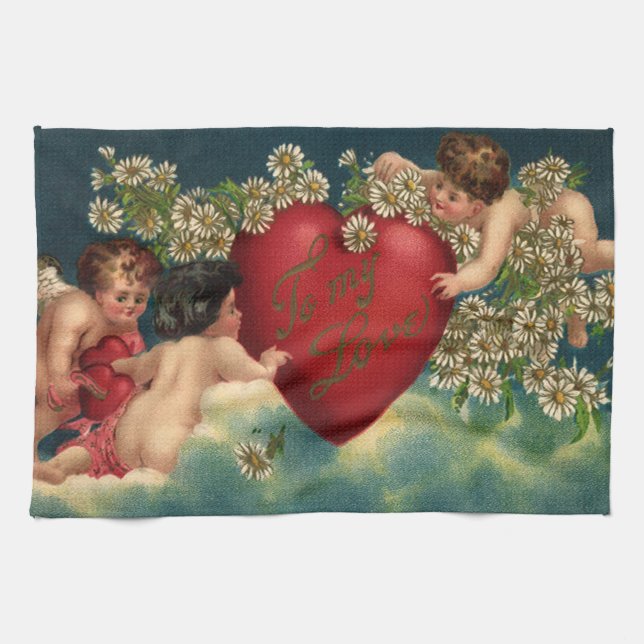 Paño De Cocina Día de San Valentín Antiguo Victoriano Querubines  (Horizontal)