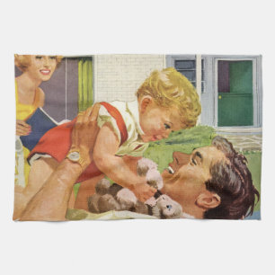 Paño De Cocina Día del Padre Vintage, Familia Feliz en los Suburb