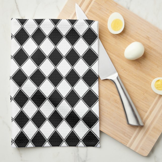 Paño De Cocina Diamante Negro y Blanco Patrón Argyle (Doblado Cuarto)