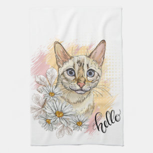 Paño De Cocina Dibujo a mano de un divertido gato bengala nevado