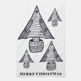 Paño De Cocina Dibujo de árbol de Navidad blanco y negro