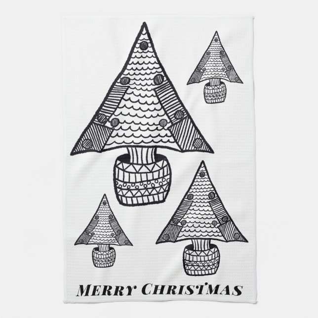 Paño De Cocina Dibujo de árbol de Navidad blanco y negro (Vertical)