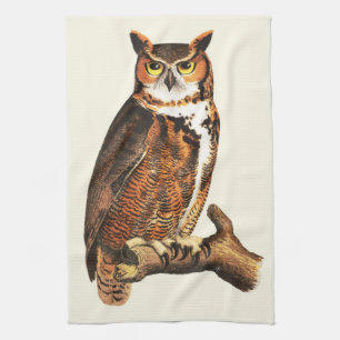 Paño De Cocina Dibujo de búho de cuerno grande de época