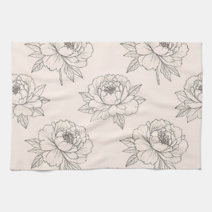 Paño De Cocina Dibujo de línea floral de peonía suave